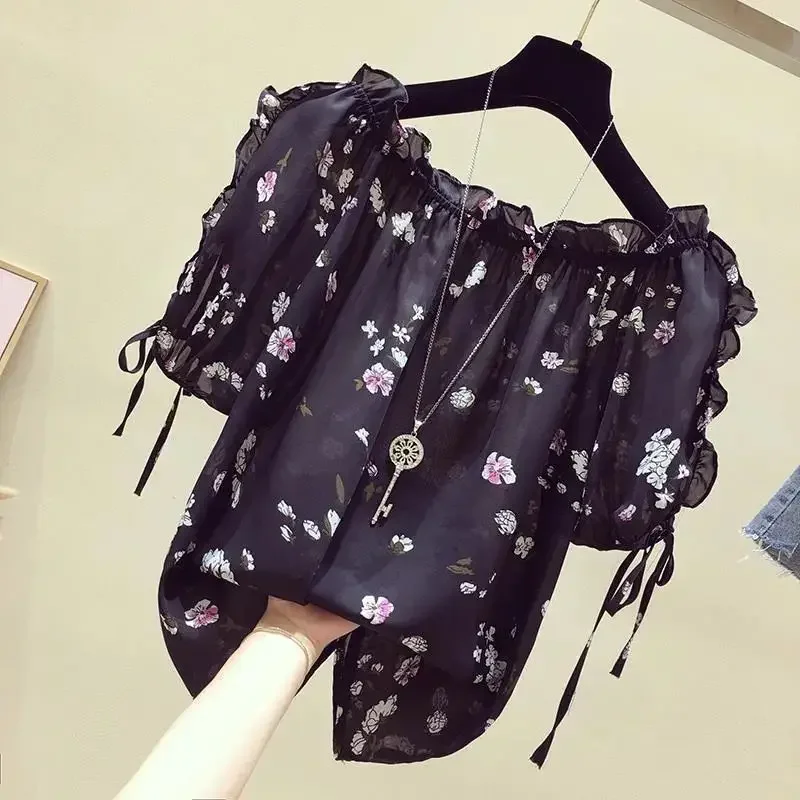 One-shoulder blouse women's short-sleeved summer 2023 new Korean version of loose and sweet leaky shoulder floral chiffon shirt