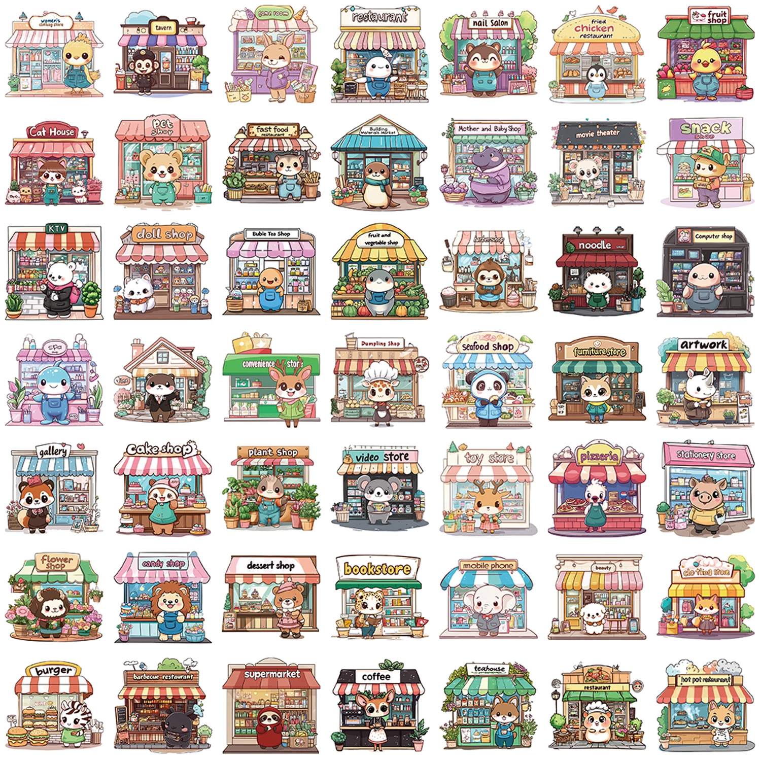 50Pcs Interesting Storefronts and Animals Stickers Waterproof Monkey Panda Rhino PVC Decals for Laptop Notebook Phone Case