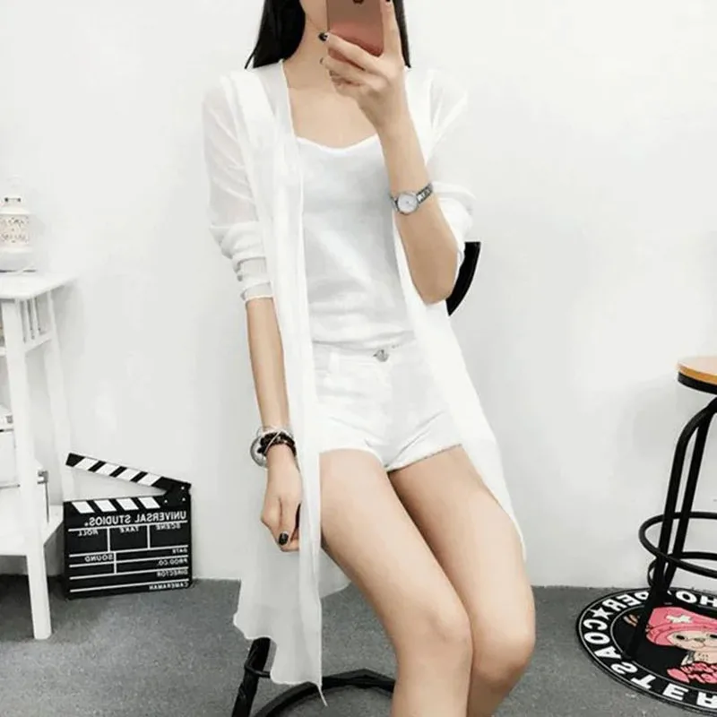 Spring And Summer Female New  Mid Length Version Sunscreen Clothing Tops Coat Women Thin Style Chiffon Cardigan Sunscreen Jacket