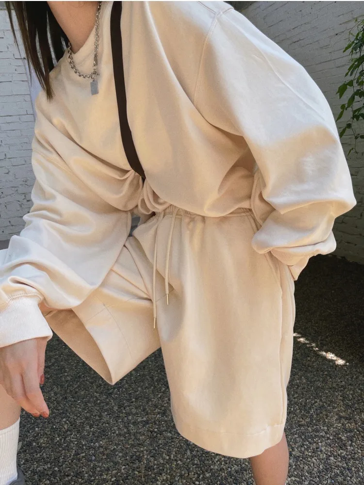 REALEFT 2022 Summer 2 Pieces Casual Loose Women's Sets Sweatpants O-Neck Sweatshirts and Wide Leg Half Pant Pullover Suits