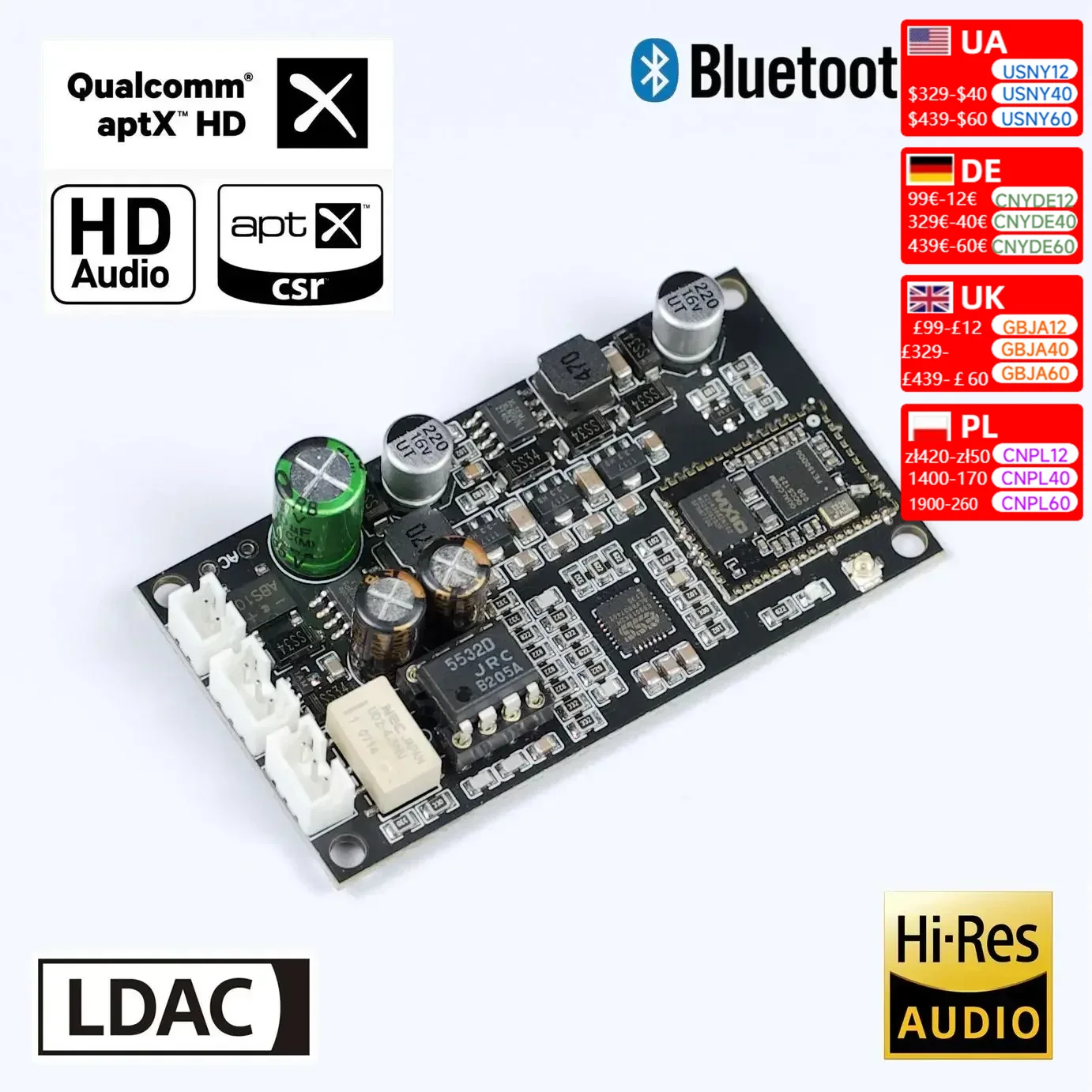 Nvarcher ES9038 Bluetooth 5.1  QCC5125 Wireless Receiving Board ES9018K2M Decode Moudle Support LDAC/APTX 24bit/96Khz