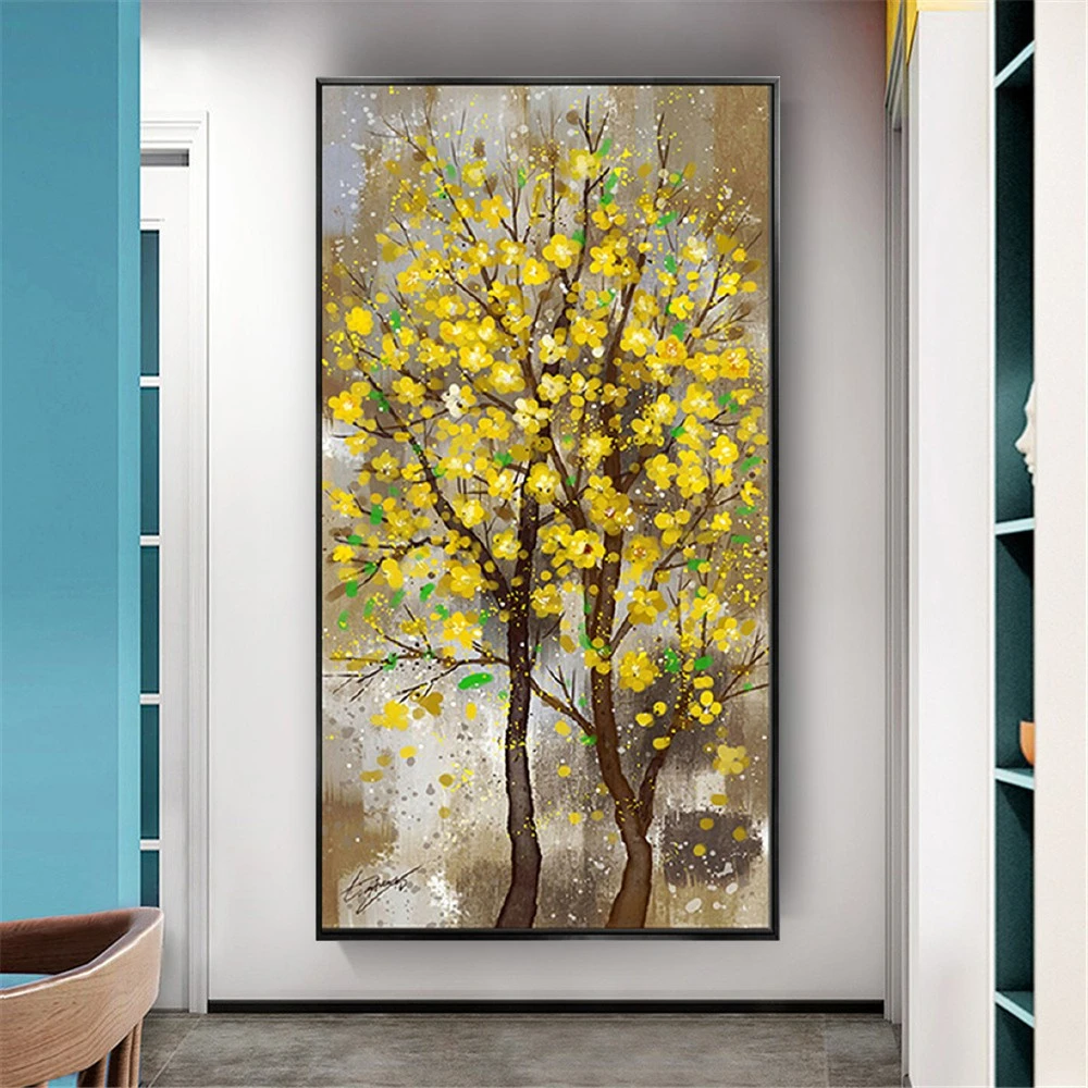 

Modern Oil Painting Golden Yellow Rich Tree Flower Poster Wall Art Handmade Canvas Picture Decor Living Room Pendant Exhibition