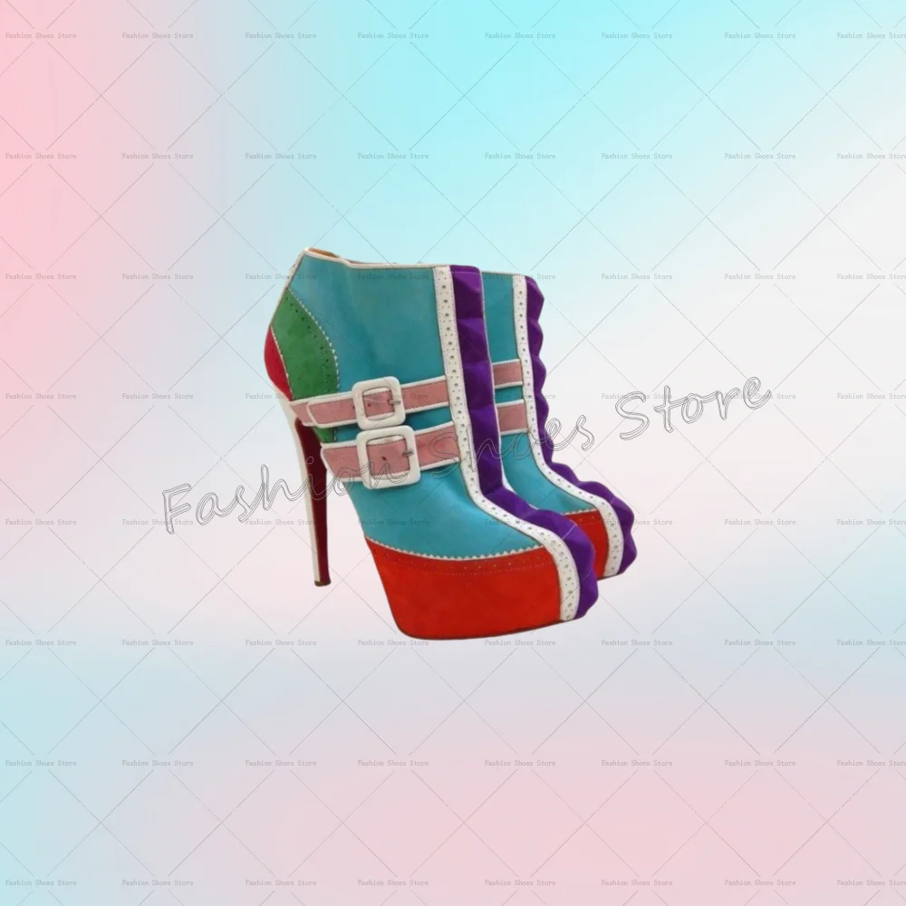 

Mixed Color Platform Ankle Boots Buckle Decor Women Shoes Stilettos High Heels Party Banquet Dating 2025 Zapatos Para Mujere