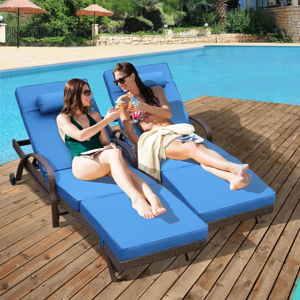 Outdoor Lounge Chairs Set of 4 Beach Wikcer Chaise Lounge with Wheels, Cushion, Adjustable Backrest for Outside Pool Sun Shelf