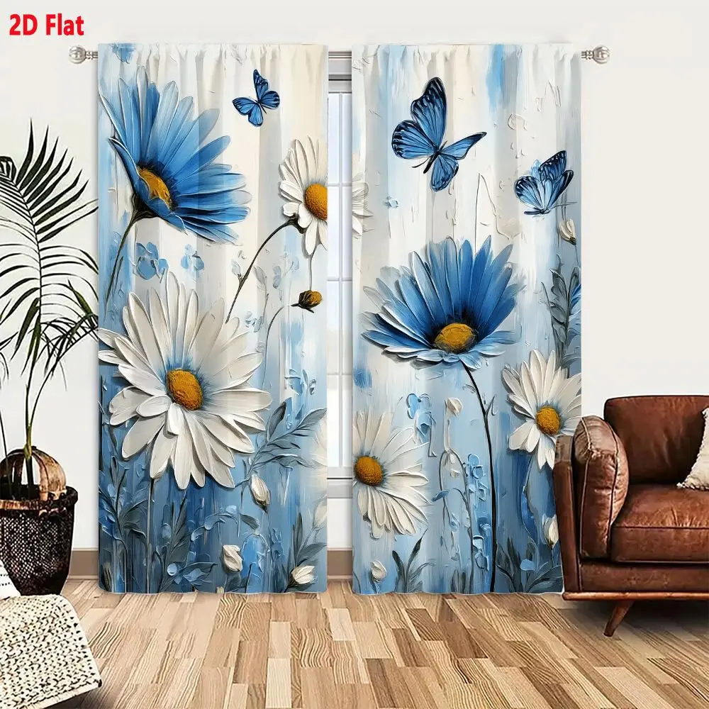 2Pcs Curtains 2D Flat Floral Scene With Daisies And Butterflies In Soft Blue And White Painterly Style Window Drapes for Bedroom