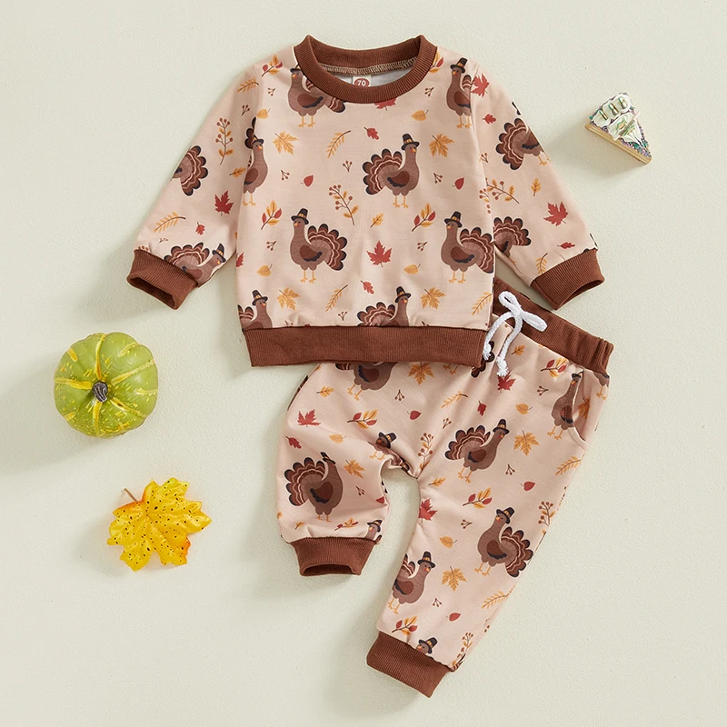 2024-07-12 Lioraitiin Baby Thanksgiving Day Outfits Long Sleeve Turkey/Pie Print Pullover + Pants Set Toddler Clothes