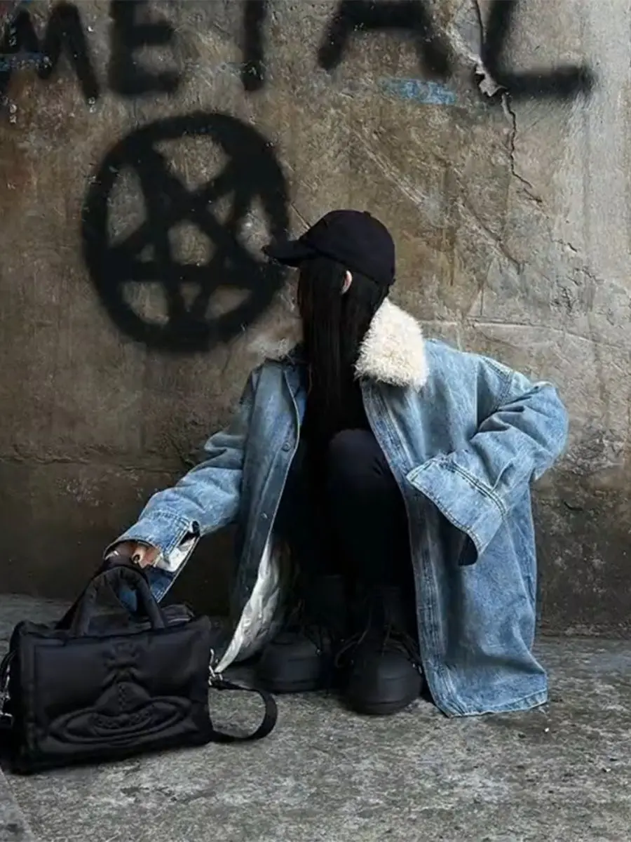 

Джинсовое пальто с мехом, плюшевые женские осенние портативные приталенные куртки с воротником-стойкой в японском стиле, школьные регулируемые куртки на подкладке из овечьей шерсти