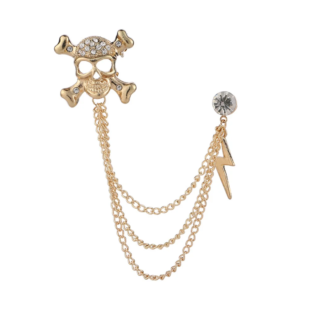 Exaggerated Personality Skull Halloween Accessories Vintage Lightning Chain Full Diamond Brooch