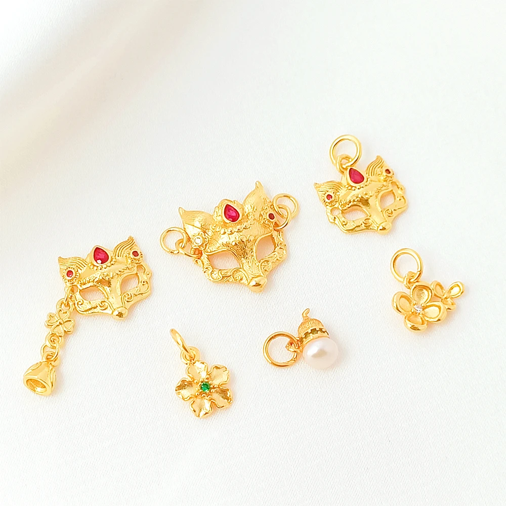 Matte Gold Zircon Inlay Fox Mask Double Eared Flower Pendant DIY Jewelry Making Necklace, Bracelet, Clothing Accessories