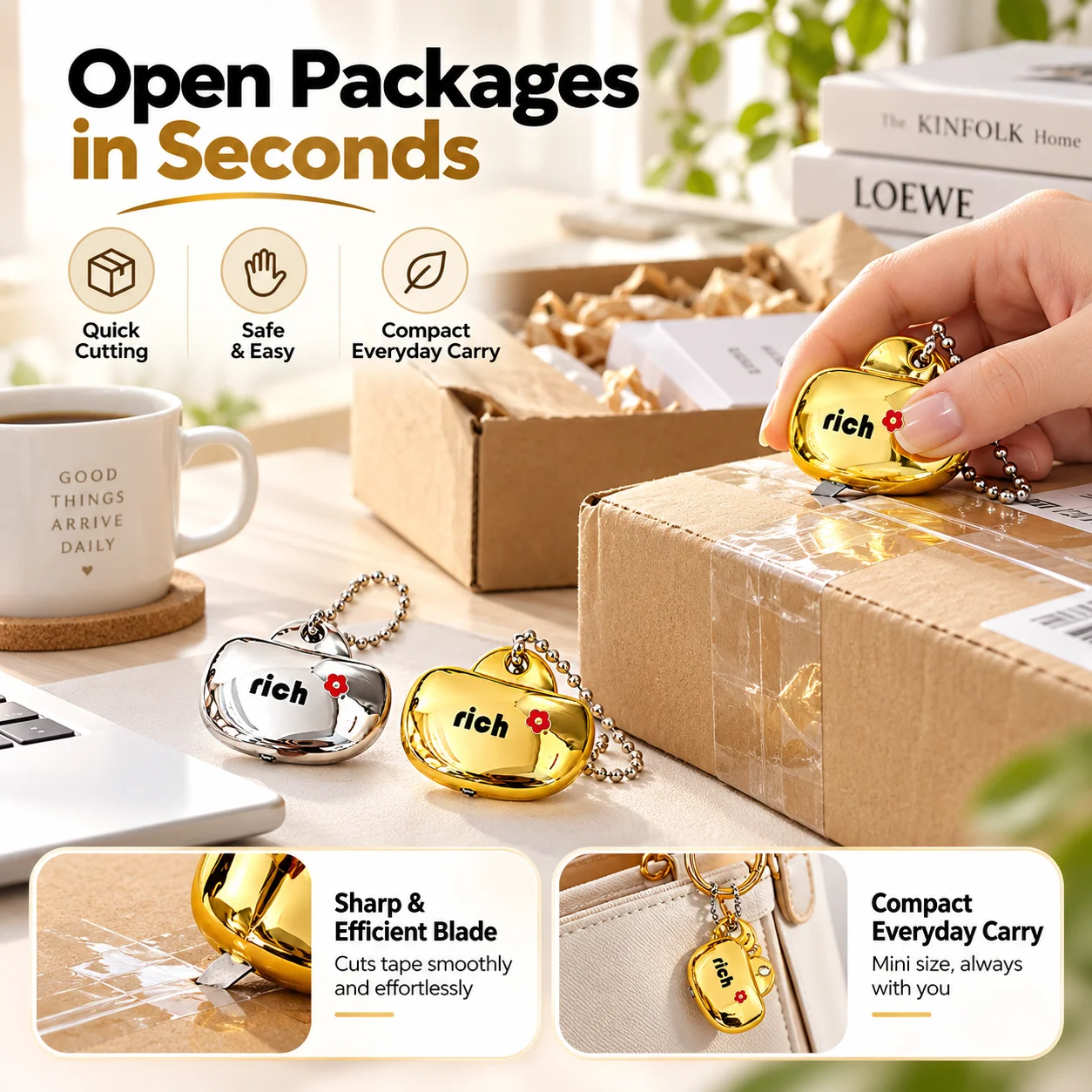 Gold and Silver Ingot Box Cutter, Safe Mini Utility Knife for Opening Packages, Portable Keychain Tape Slitter