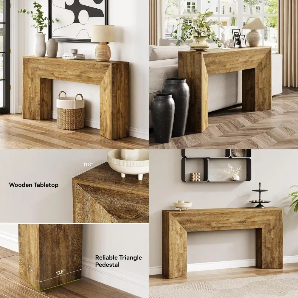 طاولة وحدة تحكم خشبية بنية طويلة جدًا مقاس 63 بوصة للمدخل، وطاولة أريكة لغرفة المعيشة الحديثة، وتصميم طاولة بهو المدخل #1