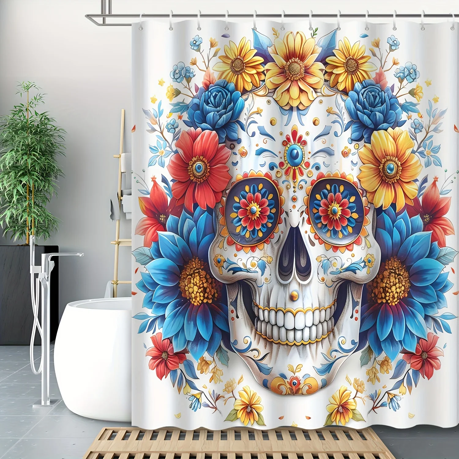 

Занавеска для душа Day of the Dead — водостойкая полиэстеровая занавеска для ванны с ярким принтом черепа и календулы