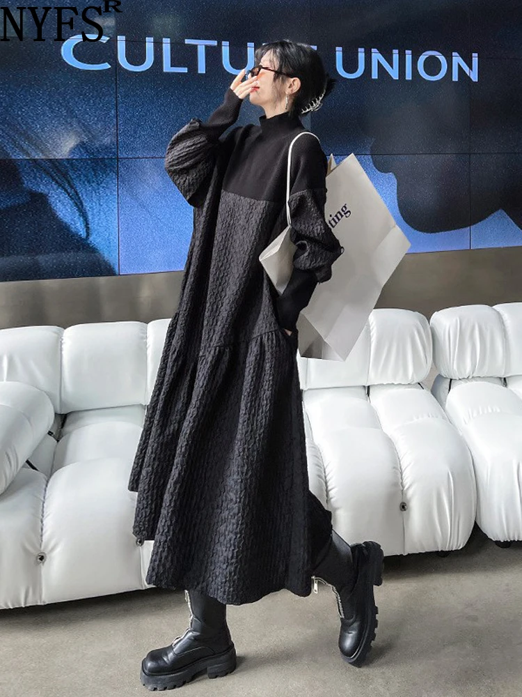 

NYFS 2023 Autumn New Vintage Woman Dress Vestidos Robe Femme Elbise Loose Plus Size Patchwork Knitting Long Dress