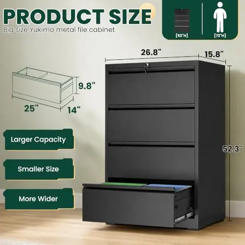 4 Drawer Lateral File Cabinet with Lock, File Cabinet for Home Office,Black | Heavy-Duty Steel Locking File Cabinet