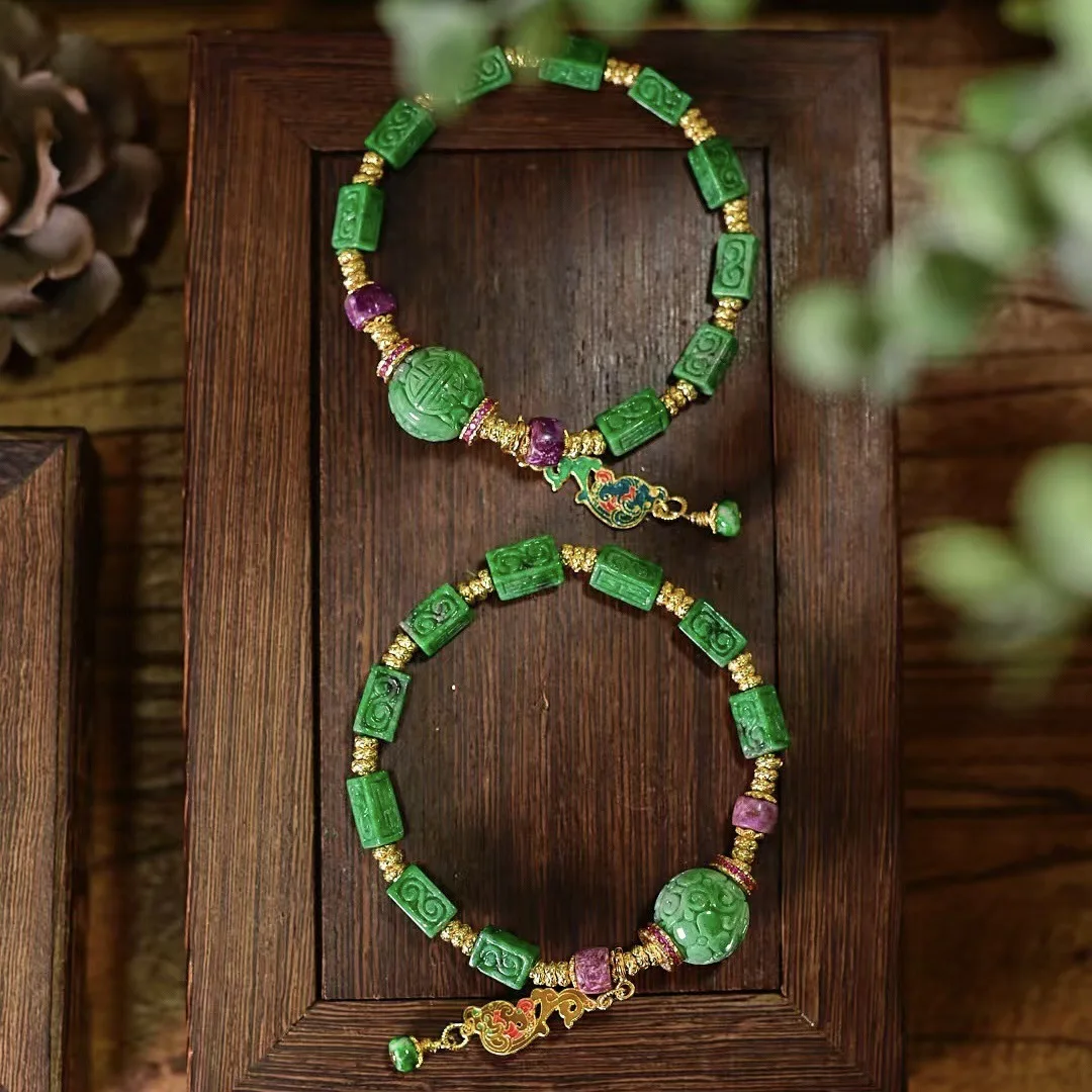 Natural A-grade Dry Green Jade Carved Bracelet, Sugilite, S925 Gold Plated Enamel Charm, Chinese Vintage Multi-gem Bracelet