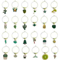 24 Style Summer Theme Wine Glass Charms, Green Goblet Drink Markers Tags Glass Identifiers Wine Accessories for Cocktail