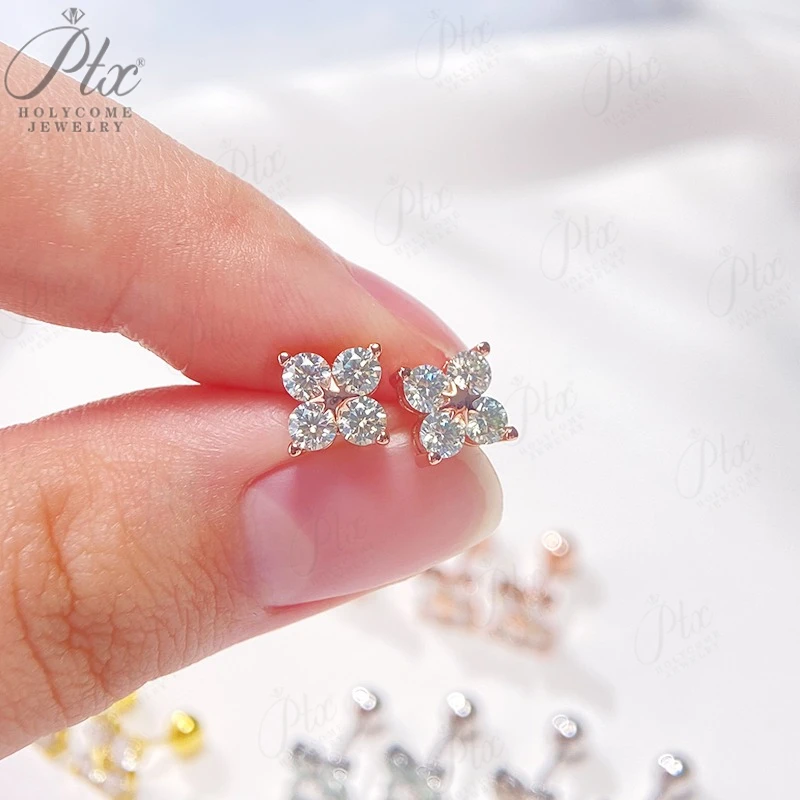 

S925 Sterling Silver Round Moissanite Earrings Women Clover Shape Jewel Classic Ear Stud Earring Hypoallergenic Gemstone Jewelry