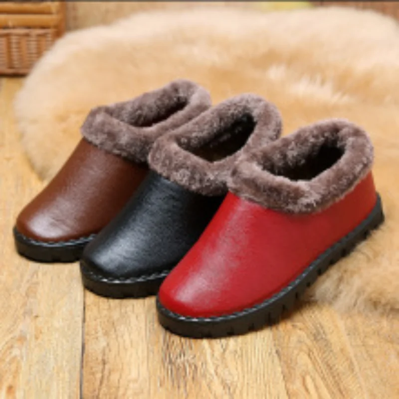 Winter Warm Shoes For Woman Red Short Boot With Fur Womens Leather Ankle Boots Waterproof Snow Boots Waterproof Ladies Boots