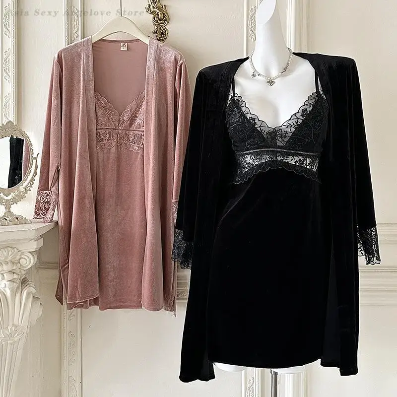 

Female Lace Twinset Robe Set Black Velvet Suspender Nightgown Lingerie Autumn Bathrobe Kimono Gown Sleepwear Loose Home Dress