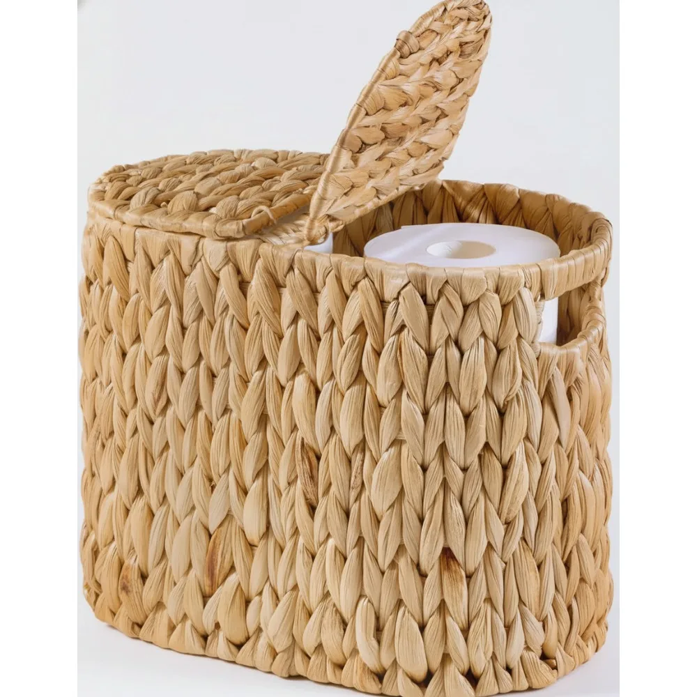 

Natural Water Hyacinth Toilet Paper Storage Basket with Lid, Holds 4 Rolls, Space-Saving Bathroom Organizer for Home