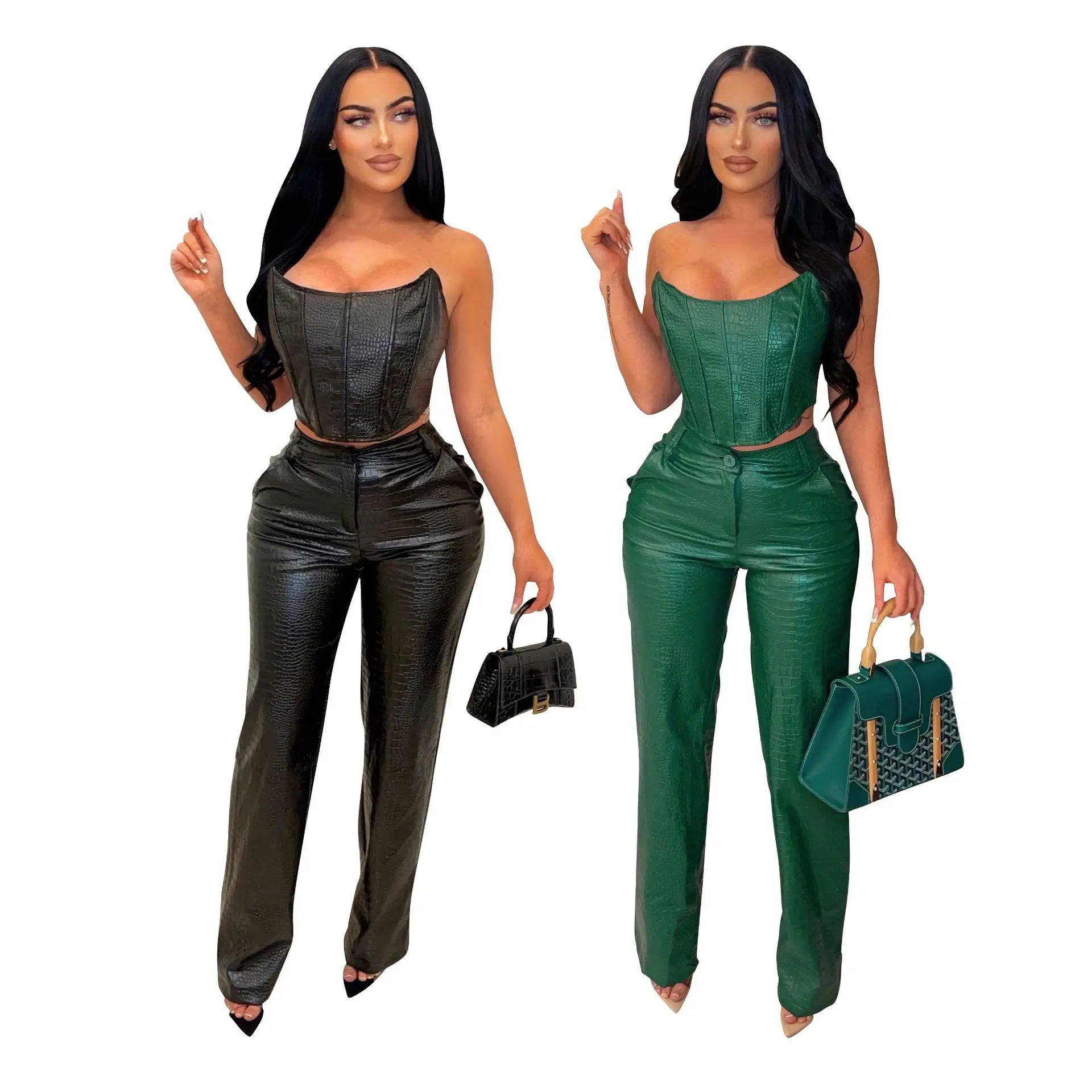 

2024 New Summer Women's Fashionable Tube Top Imitation Leather Suit Sexy Backless PU Two-piece Set Ensemble Femme 2 Pièces