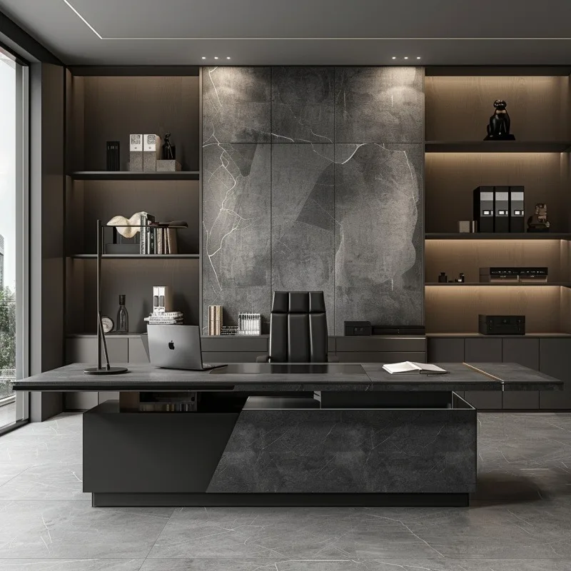 Modern Black Executive Office Desk with Stone Look Panel Large Manager Desk Contemporary CEO Workstation