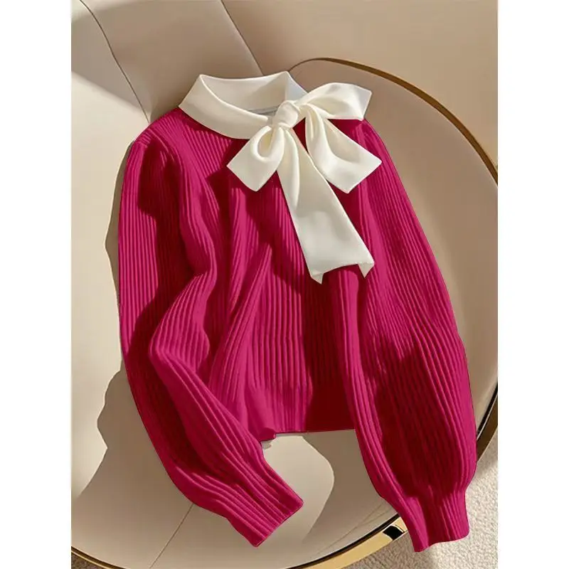 Rose Red Patchwork Bow Collar Women Elegant Sweater Korean Chic Slim Knitted Long Sleeve Office Lady Pullover Top Autumn Winter