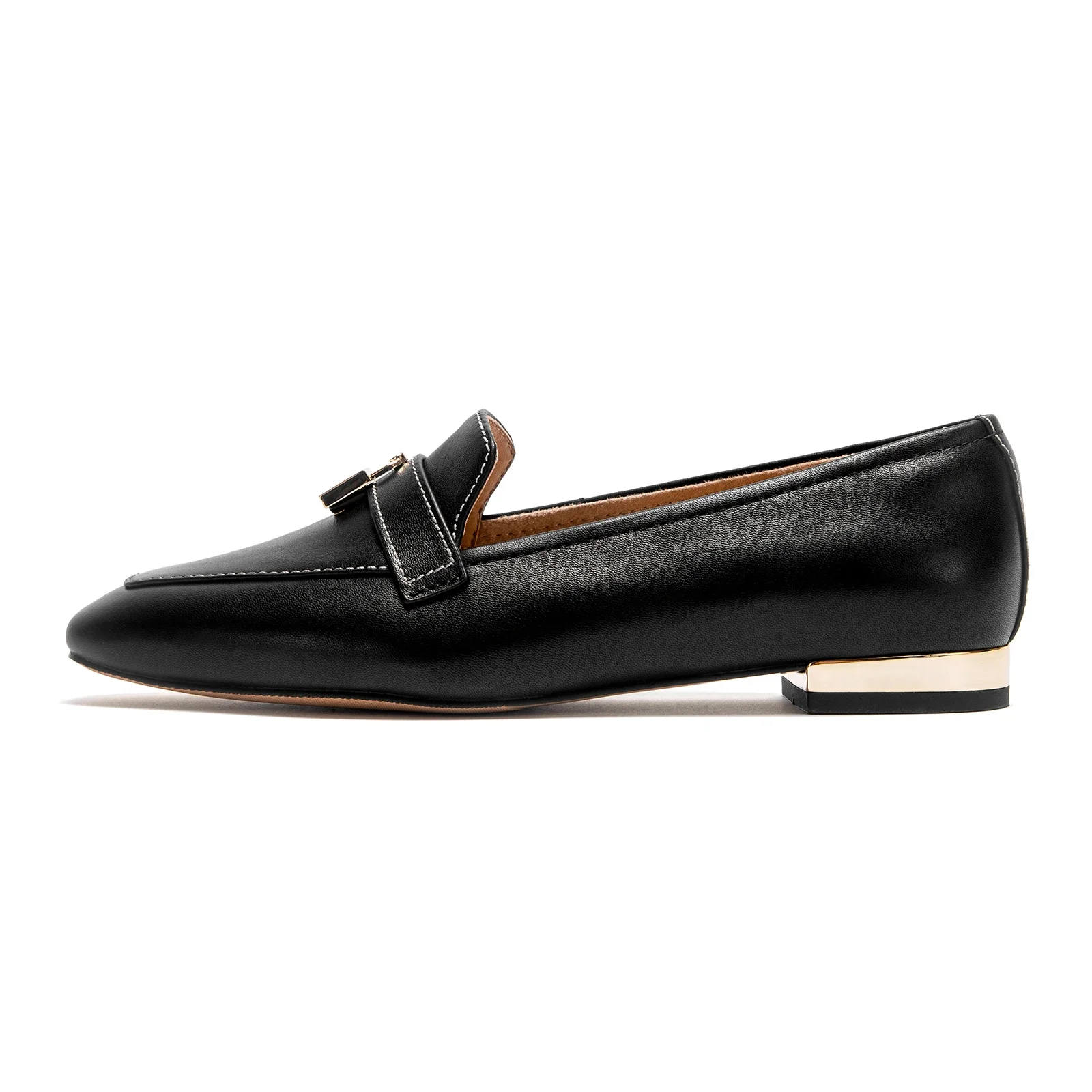 

Woman Black Leather Loafers with Gold Lock Detail Square Toe Low Heel Penny Casual Office Slip-On Dress Shoes for Girls