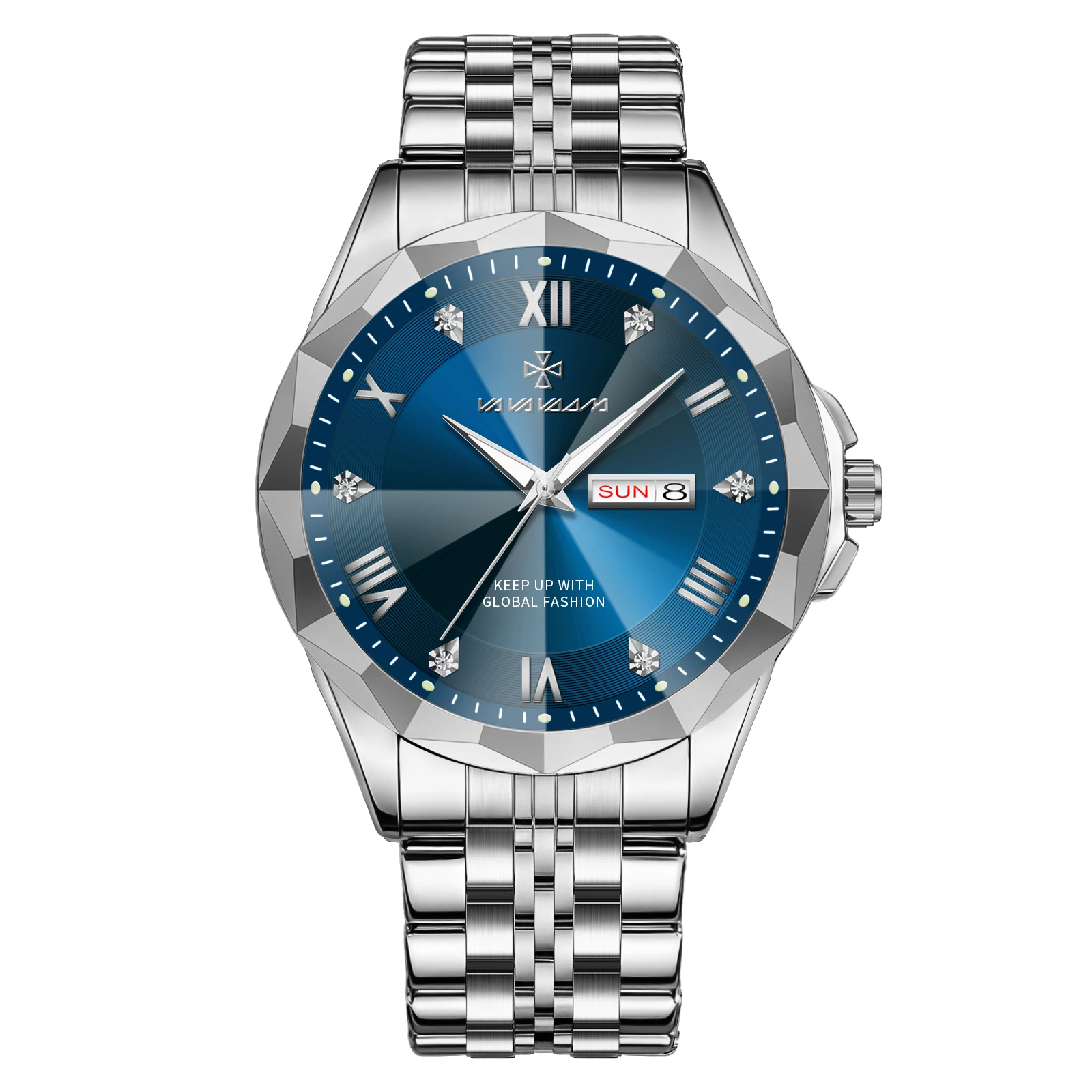 Men Watch Business Style 42mm Case Gorgeous Rhinestone Dial Week & Calendar Original Quartz Movement Couple Gifts Men Wristwatch