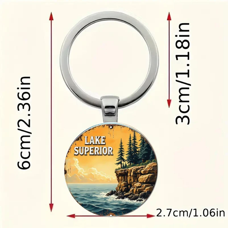 Vintage Lake Keychain Round Michigan Countryside Scenic Lake
