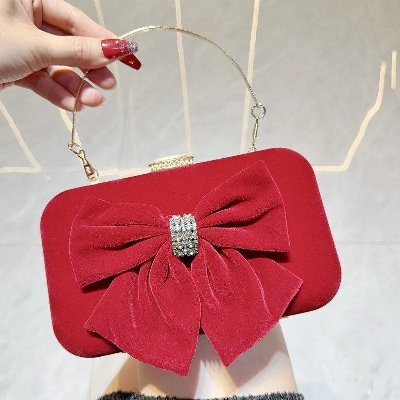 

New Ladies' Bow Studded Diamond Clutch Dinner Bag Vintage Velvet Single Shoulder Diagonal Cross Bag