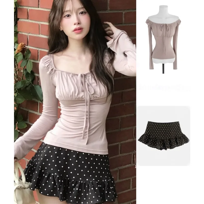 

Autumn 2025 New Square Collar Pleated Lace-up Elegant Long-sleeved T-shirt Women + Polo Dot Pleated A-line Skirt Two-piece Suit