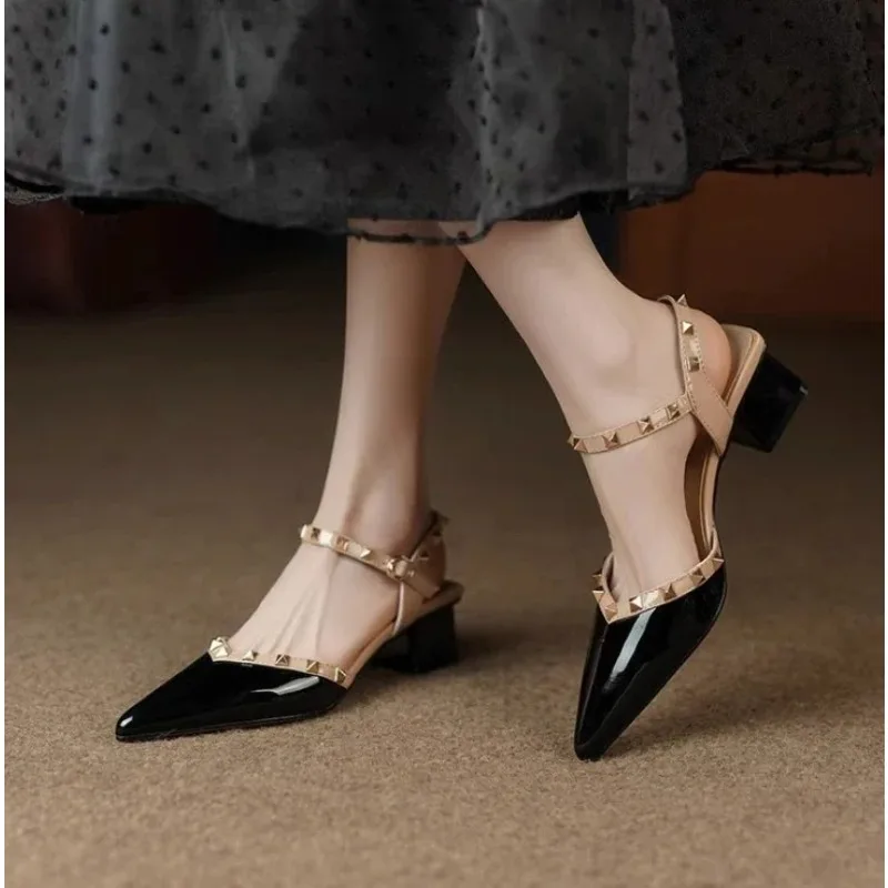 

High Quality Womens Sandals Fashion Pointed Tip Thick Heel Women Shoe PU Leather Designer Casual Shoes for Women Sandalias Mujer