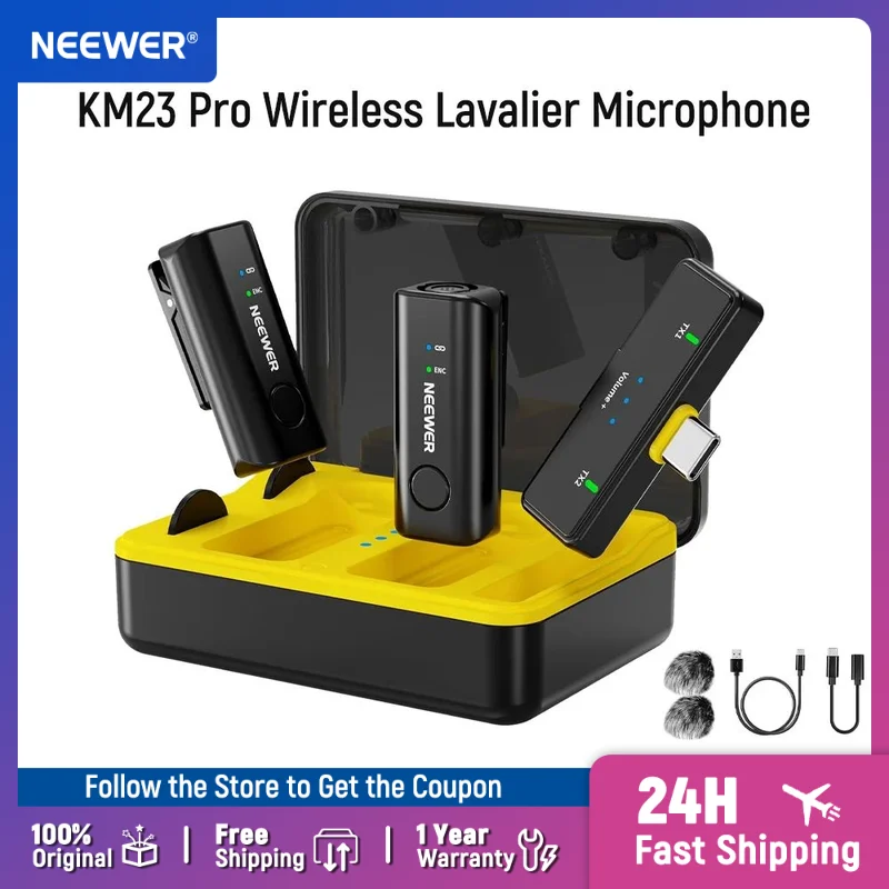 neewer-km23-pro-wireless-lavalier-microphone-with-charging-case-otg-usb-c-cable-condenser-mini-clip-on-lapel-mic-for-iphone