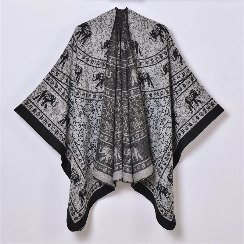 

Winter Cashmere Scarf Retro Ethnic Style Poncho Thick Warm Shawl Travel Women's Jacquard Slit Cape Pashmina Stole Blanket