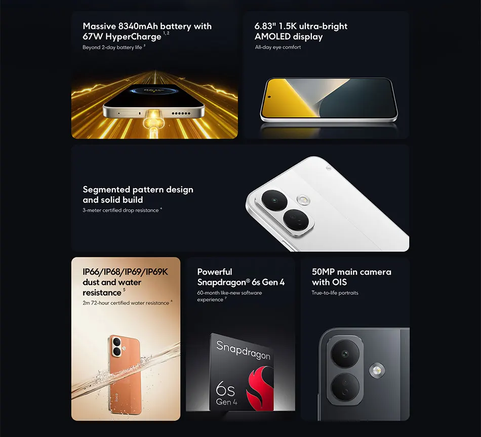 Global Version POCO X8 5G Smartphone 8340mAh battery 67W HyperCharge Snapdragon 6s Gen 4 50MP 6.83" 1.5K Display