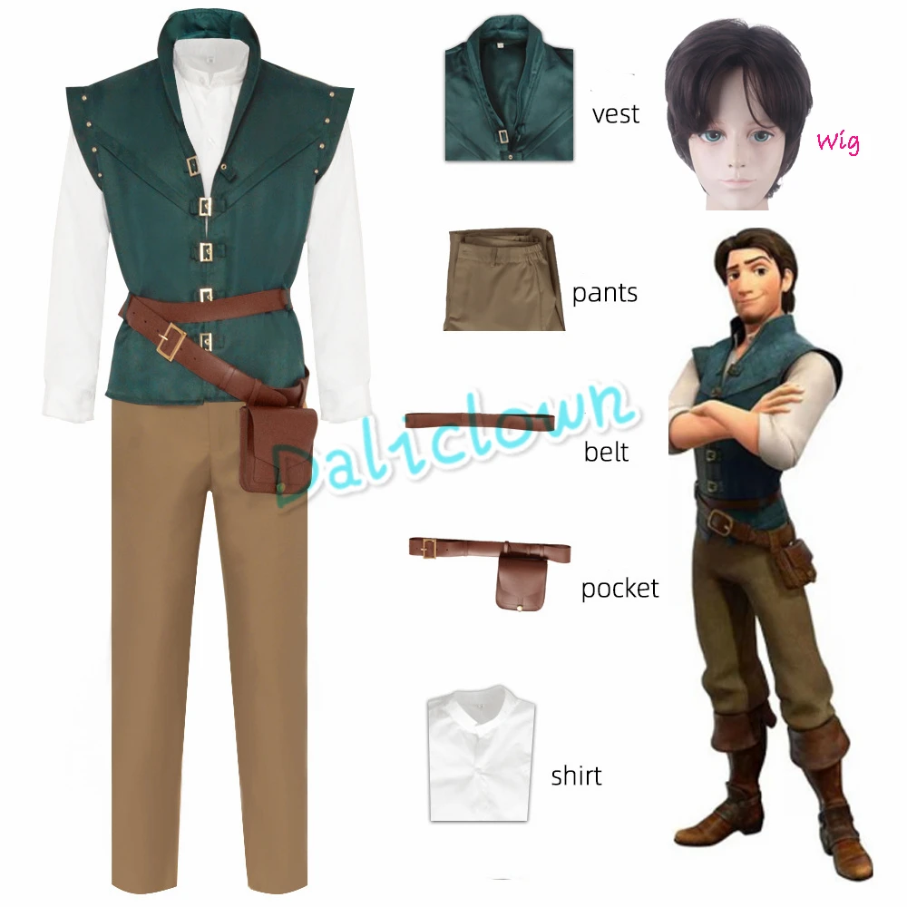 زي تأثيري للرجال من Flynn Rider ، سترة ، قميص ، حزام ، حقيبة ، زي ، شعر مستعار ، أنيمي ، حفلة عيد الميلاد ، بدلة هالوين