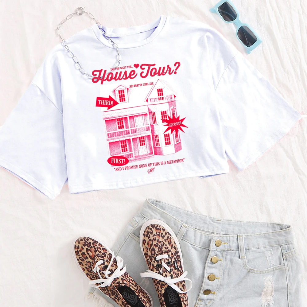 سابرينا كاربنتر هاوس جولة قميص المرأة س الرقبة قصيرة الأكمام المحاصيل قمم تي شيرت #2