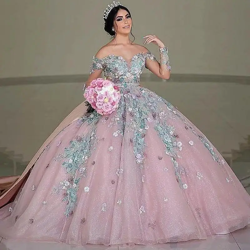 Fabulous Beaded 3D floral Wedding Gowns Sequined Off The Shoulder Neck Long Sleeves Bridal Dresses Appliqued Vestidos De Novia