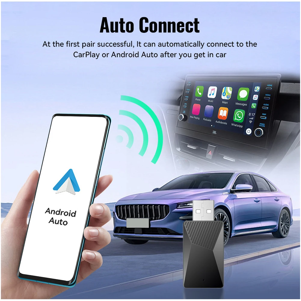 Dongle 2 in 1 Carplay & Android Auto Nirkabel, USB Plug and Play AI Box untuk Mobil dengan Carplay & Android Auto Berkabel OEM