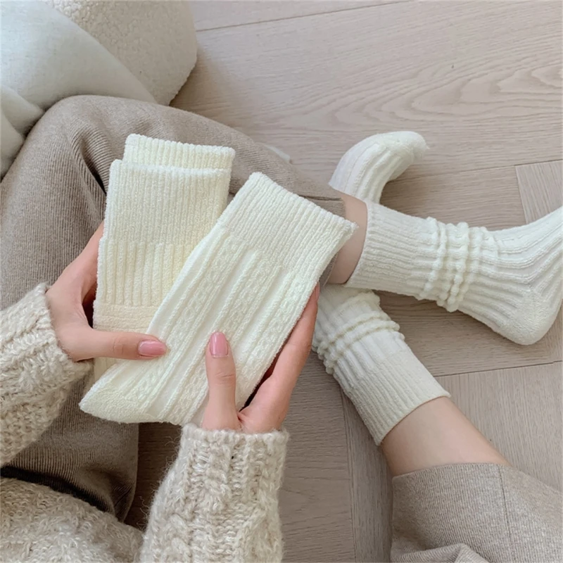 Japanese Women Winter Warm Faux Wool Knit Socks Solid Color Rhombus Striped Pattern Thick Thermal Middle Tube Socks 066C