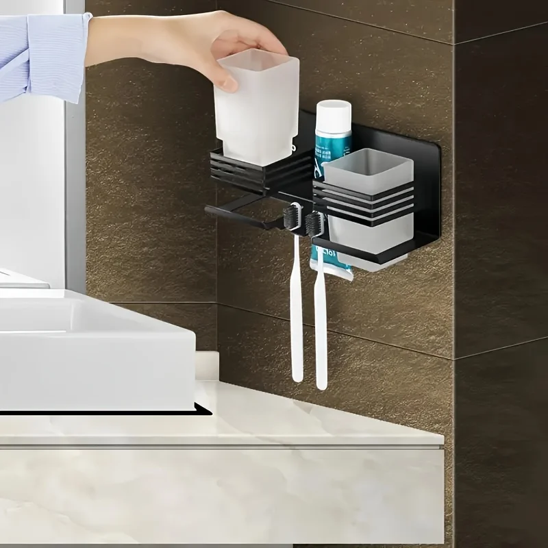 

Upgrade Your Bathroom: Elegant Stainless Steel Toothbrush Cup Set. Wall-Mounted Silver/Black Holder for Couples, Saves Space