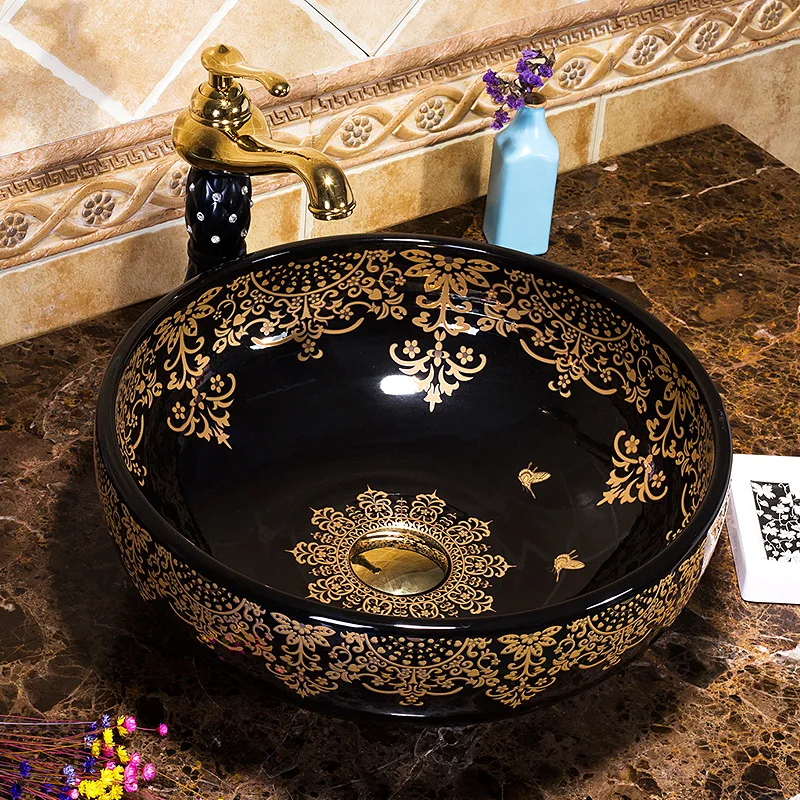 Jingdezhen Ceramic Art Inter-Platform Basin Wash Basin Golden Luxury round Table Basin Washbasin