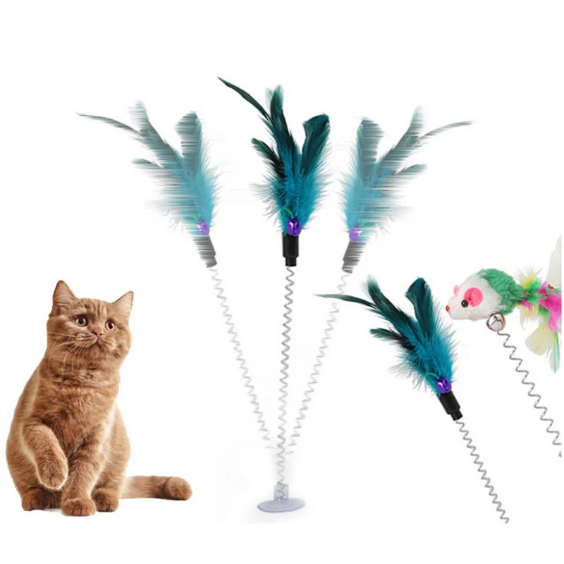 1Pcs Feather Cat Toy Feather Cat Teaser Product Bottom Suction Cup Elastic Safe Non-toxic Cat Toy