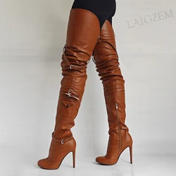 ZHIMA Women Thigh High Boots Round Toe Thin High Heels Boots Over Knee Faux Leather Ladies Shoes Woman Plus Size 41 42 44 50 52