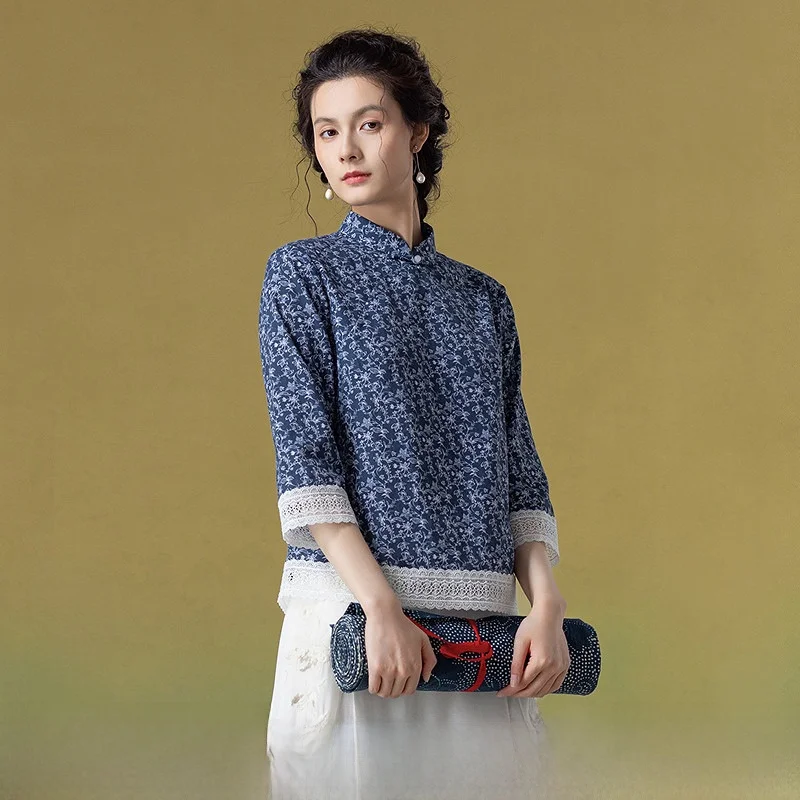 

Новая женская рубашка из смесового хлопка с цветочным принтом и кружевной отделкой, 100% хлопок, дышащая, влагоотводящая, стандартный крой, коллекция Лето 2025