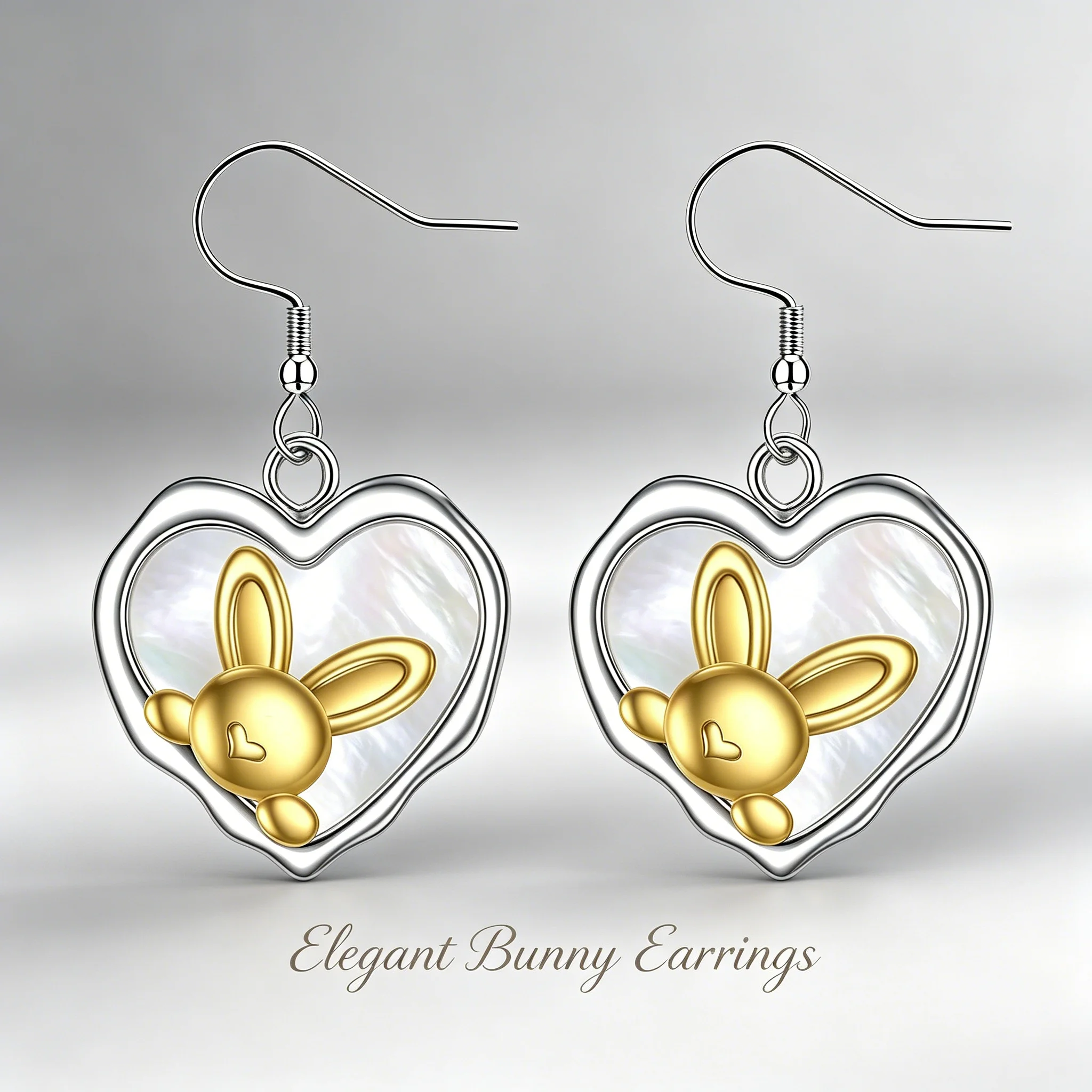 Elegant Bunny Heart Dangle Earrings Two Tone Silver Gold Mother Of Pearl Cute Rabbit Lover Sweet Women Casual Daily Jewelry Gift