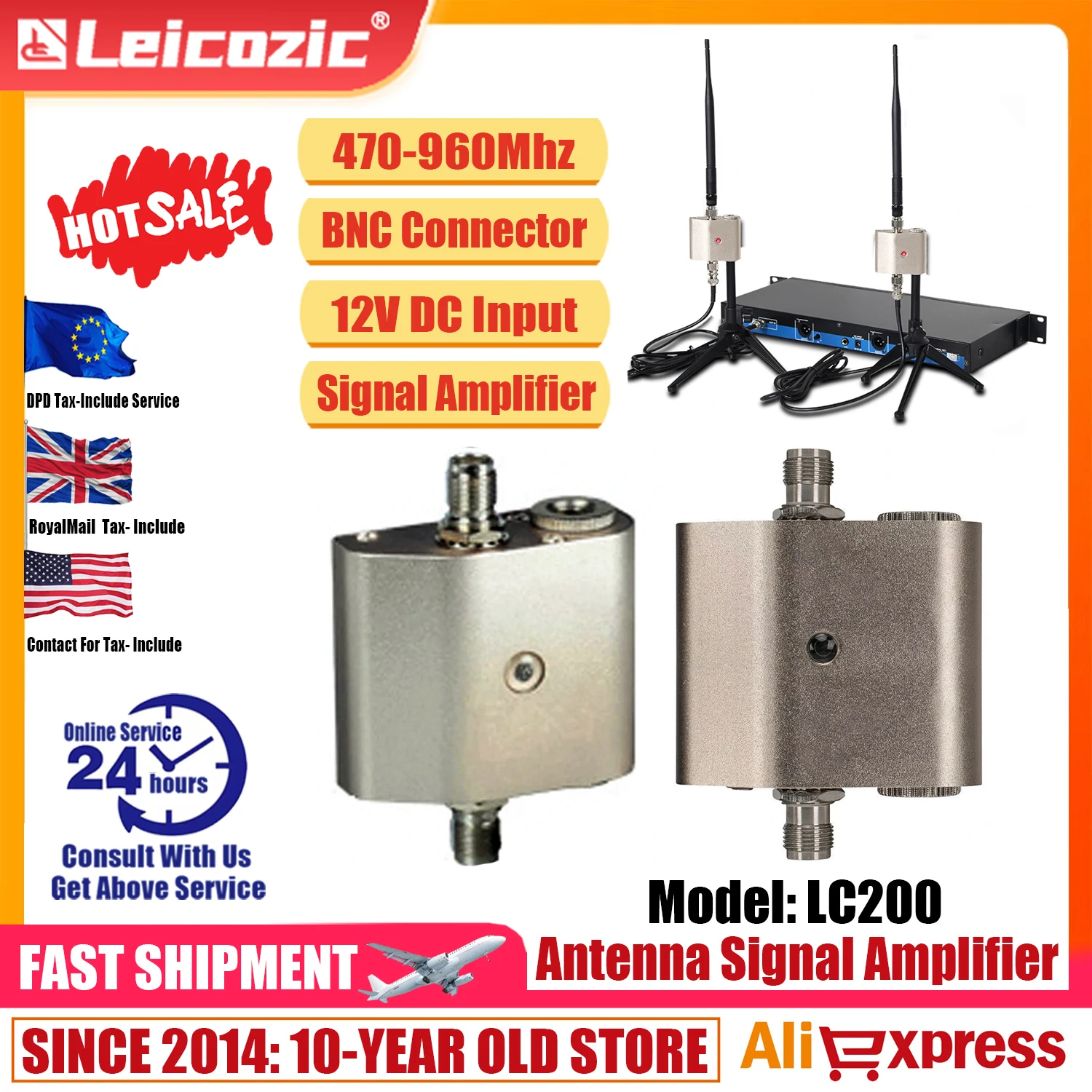 Leicozic 2 uds amplificador de señal de distribución de antena 500-950Mhz TNC-BNC para sistema con micrófono inalámbrico UHF