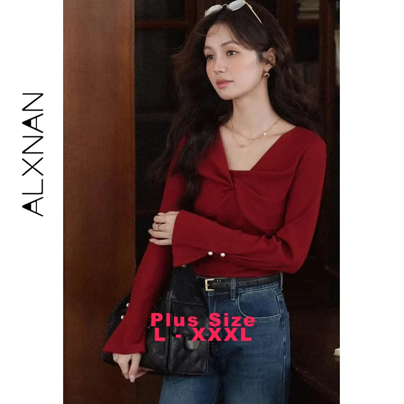 เสื้อสเวตเตอร์ผู้หญิงไซส์ใหญ่ ALXNAN สีแดง แต่งโบว์ ประดับมุกที่ปลายแขน แขนบาน สไตล์วินเทจ สำหรับฤดูใบไม้ร่วง แขนยาว รุ่น D12535-3