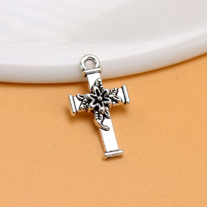 

100pcs Charms Cross Flower 20x11mm Antique Silver Color Pendants DIY Necklace Crafts Making Findings Handmade Tibetan Jewelry